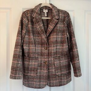 St John's Bay Retro Brown Plaid Houndstooth Wool Blend Blazer Jacket Size PL